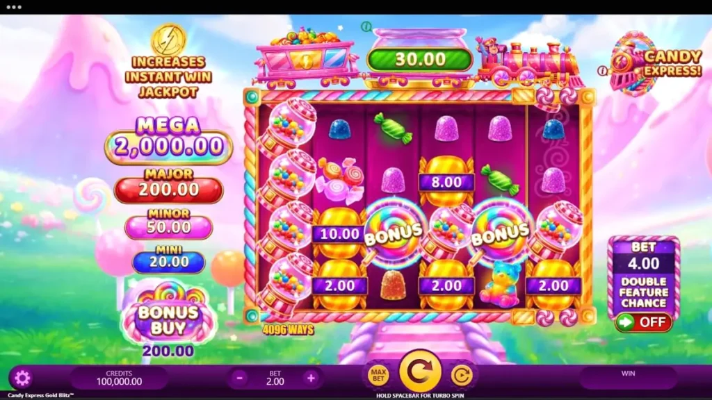 Candy Express Gold Blitz স্লট গেমের রঙিন ইন্টারফেস